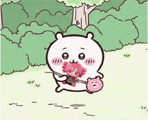 a cartoon bear is holding a stuffed animal and a purse
