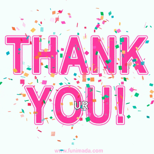 the words thank you are surrounded by colorful confetti on a white background