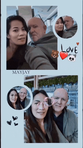 a man and a woman are posing for a picture with the word love on the bottom