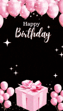 a happy birthday card with pink balloons and a pink gift