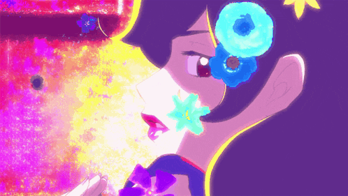 a colorful drawing of a girl with flowers in her hair