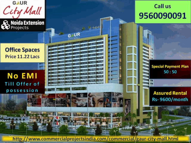 an advertisement for gaur city mall shows a large building