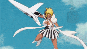 a woman in a white dress is holding a sword