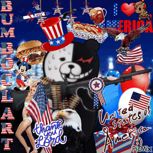 a black and white teddy bear holding a gun with a united states of america sticker