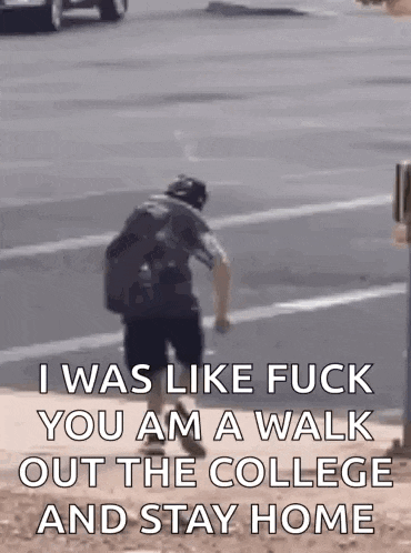 a man with a backpack is walking down a street with a quote .