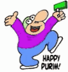 a cartoon man is holding a green flag and says happy purim .
