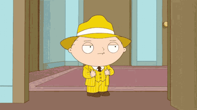 a cartoon character wearing a yellow hat and a yellow suit
