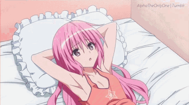 a girl with pink hair and white underwear is laying on a bed with alpha the only one tumblr in the corner