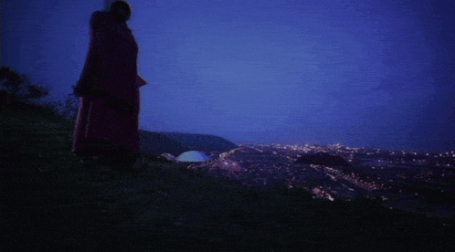 a person in a red cape is standing on a hill overlooking a city