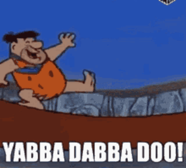 a cartoon of flintstone riding a wooden plank with the words yabba dabba doo below him