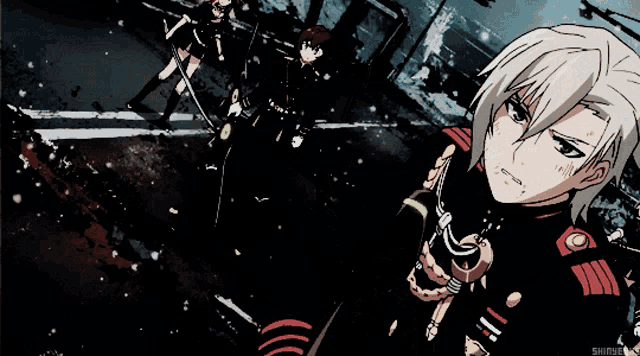 a man in a black and red uniform is holding a sword in his right hand