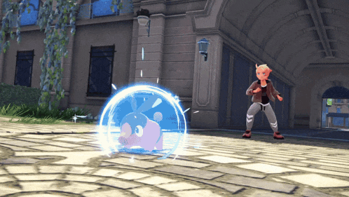 a cartoon character is standing in front of a building with a blue sphere around him