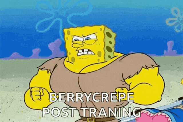 a cartoon of spongebob with a sword and the words berrycrepe post training .