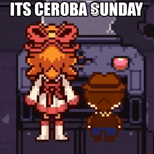 a pixel art of a girl standing next to a cowboy with the words its ceroba sunday below her