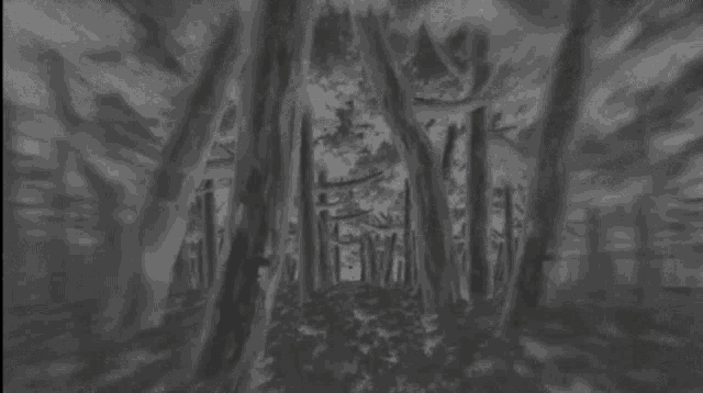 a black and white drawing of two people standing in the woods .