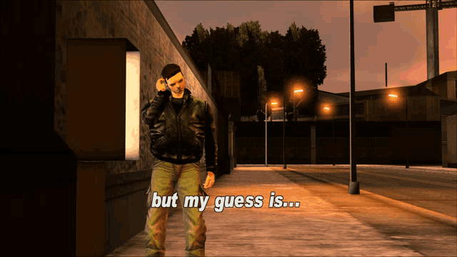 a video game screen shows a man talking on a cell phone and the words but my guess is