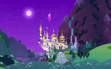 a cartoon scene of a castle with a full moon behind it