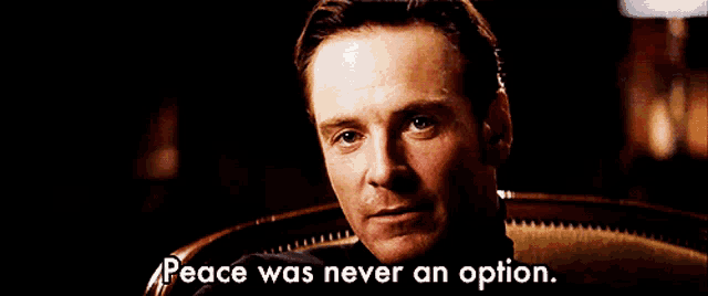 a man sitting in a chair with the words peace was never an option written below him