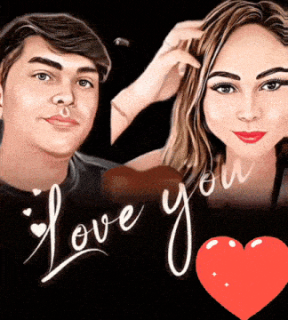 a drawing of a man and a woman with the words " i love you " behind them