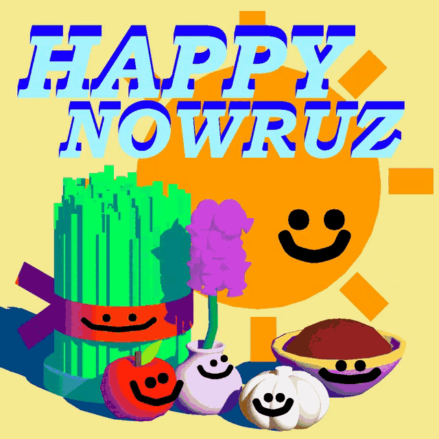 a happy nowruz greeting card with smiley faces