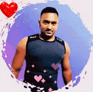 a man in a black tank top is surrounded by pink hearts and a red heart
