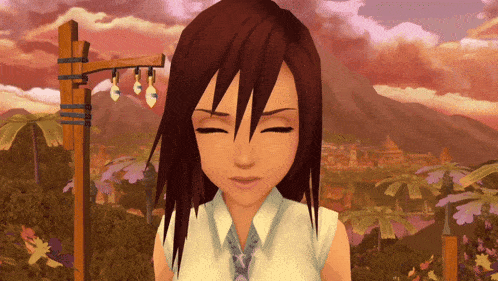 a girl in a white shirt and tie is standing in front of a mountain