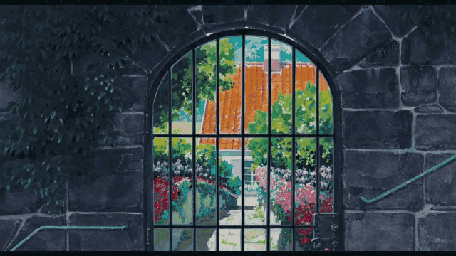 a girl with a red bow on her head is looking out a window