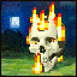 a pixel art of a skull with flames coming out of it 's head