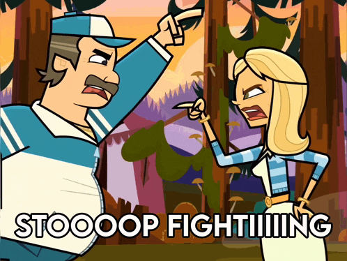 a cartoon of a man pointing at a woman with the words stoooop fighting behind them