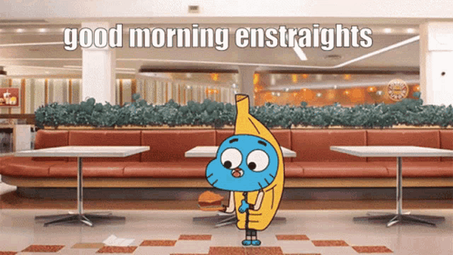 a cartoon character holding a hamburger with the words " good morning enstraights " below him