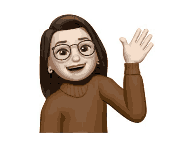 a cartoon woman wearing glasses and a brown sweater waving her hand