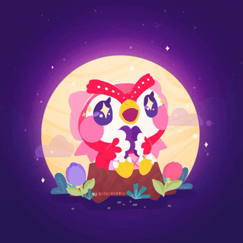 a cartoon owl is sitting on a tree stump in front of the full moon