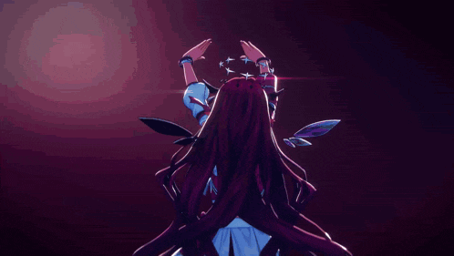 a girl with long red hair is dancing with her arms in the air