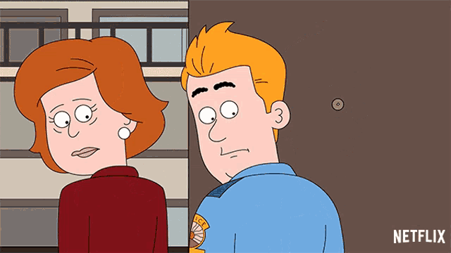 a cartoon of a man and a woman standing next to each other with a netflix logo in the corner