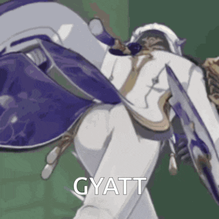 a person in a white suit is holding a sword and shield and says gyatt .