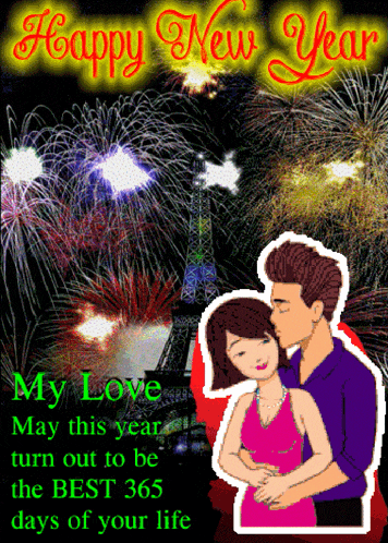 a happy new year greeting card with a man kissing a woman in front of fireworks