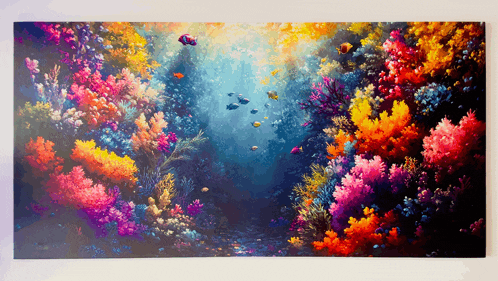 a painting of a coral reef with fish and corals