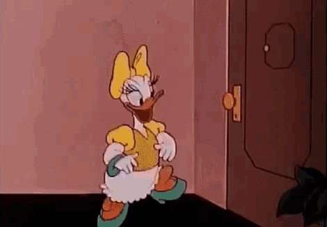daisy duck is standing next to a door in a cartoon .