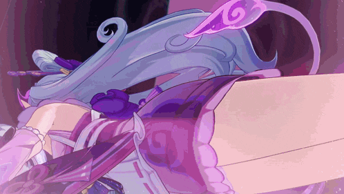 a cartoon character with a purple tail and a swirl in her hair