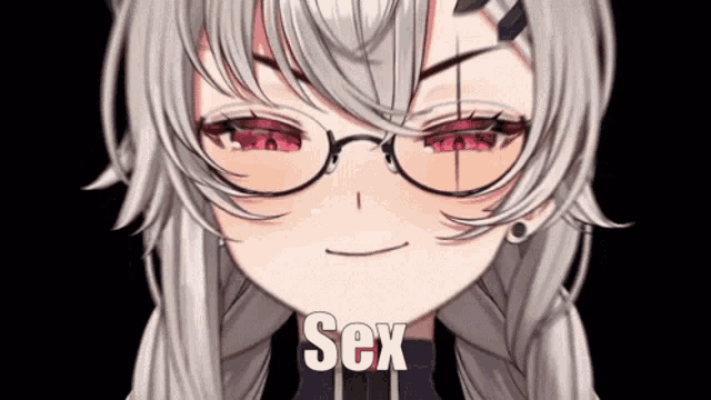 a close up of a girl wearing glasses with the word sex written on her face