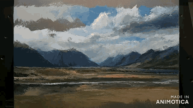 a painting of mountains and a river is made in animatica