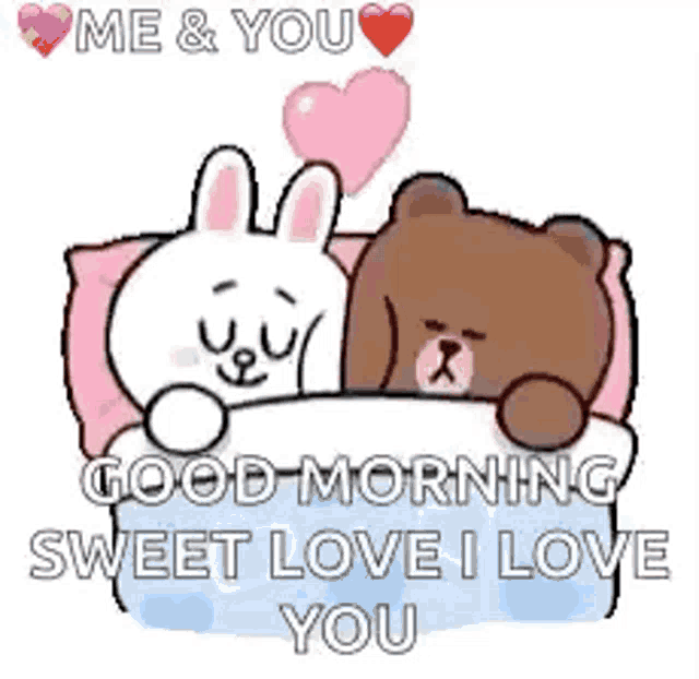a brown bear and a white rabbit are laying next to each other in a bed .