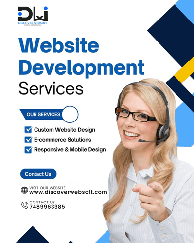 a woman wearing a headset pointing at the camera with the words website development services