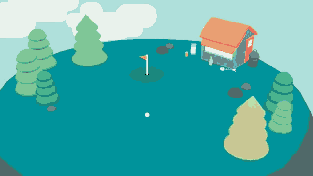 a cartoon drawing of a golf course with trees and a house in the background