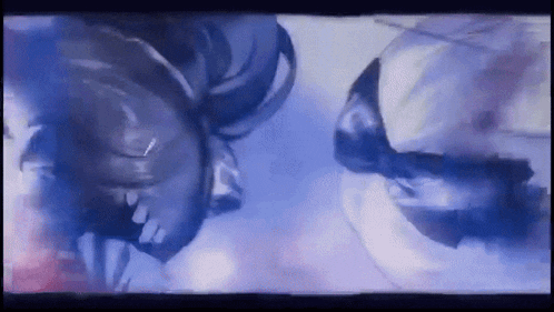 a painting of two people looking at each other with a blue background .