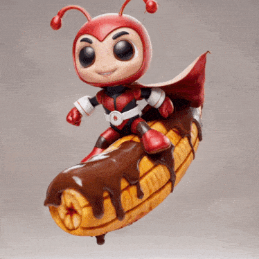 a cartoon character is sitting on a banana with chocolate icing