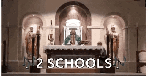 a church with a statue of jesus on the altar and the words 2 schools on the bottom .