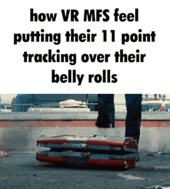 a person is standing on a briefcase that says how vr mfs feel