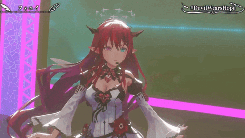 a video game character with red hair and horns is titled #devilwearshope