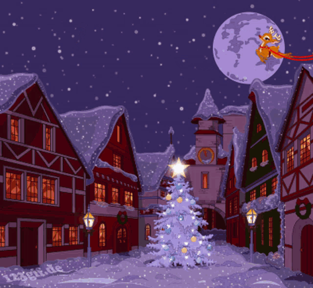 a cartoon of santa flying over a snowy town